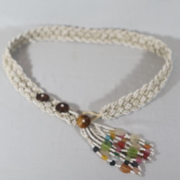 Vintage Belt Braided Strands Of Beige Brown Glass Beads Button Toggle Tassel - Picture 5 of 11